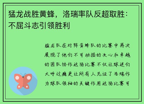 猛龙战胜黄蜂，洛瑞率队反超取胜：不屈斗志引领胜利