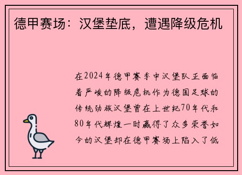 德甲赛场：汉堡垫底，遭遇降级危机
